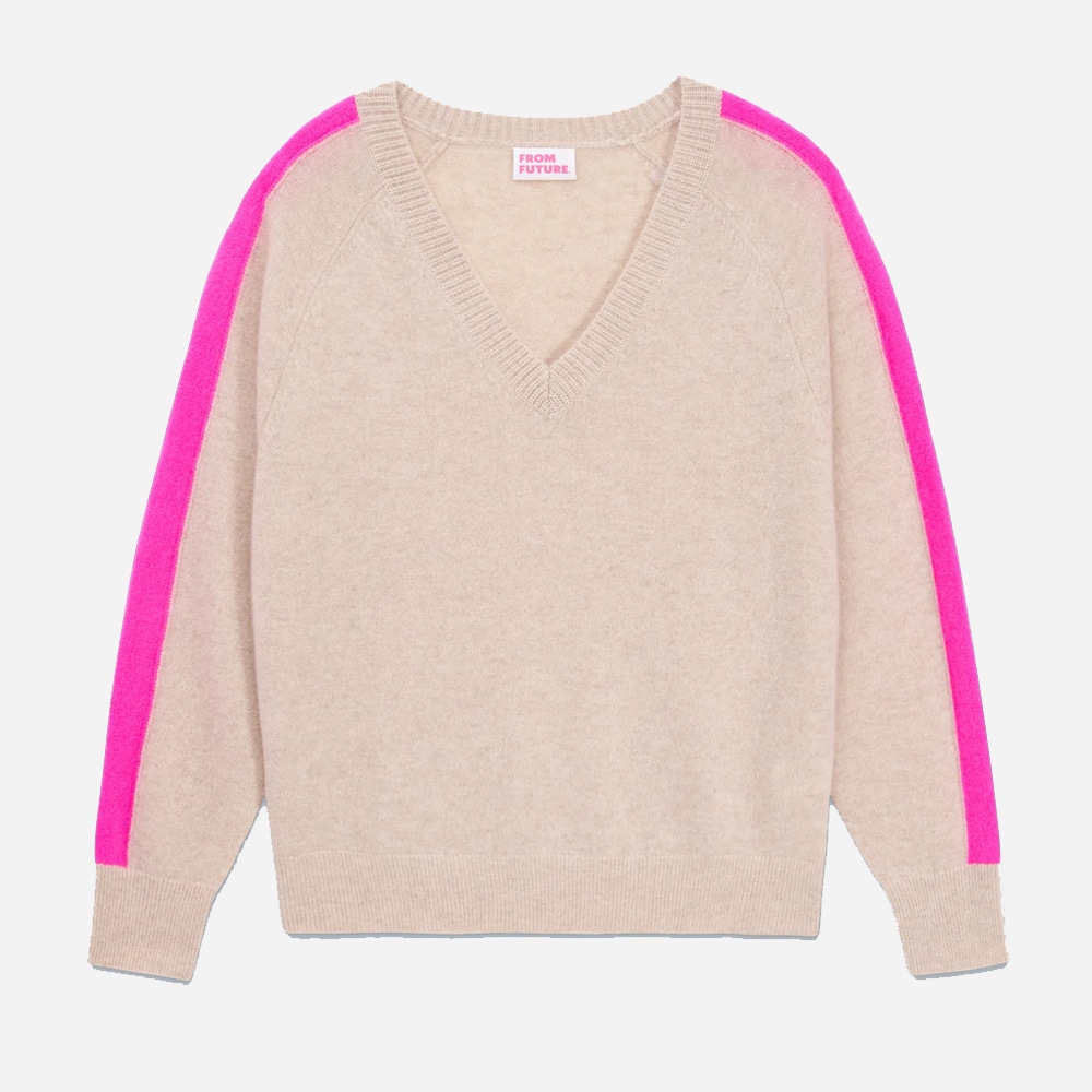 Block Stripe V-Neck Sweater - Beige Mouline