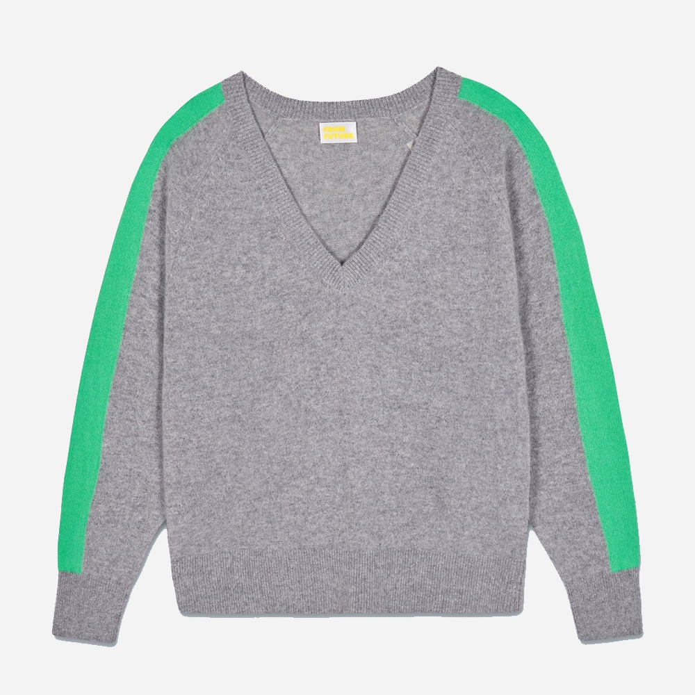 Block Stripe V-Neck Sweater - Gris Chine Fonce F