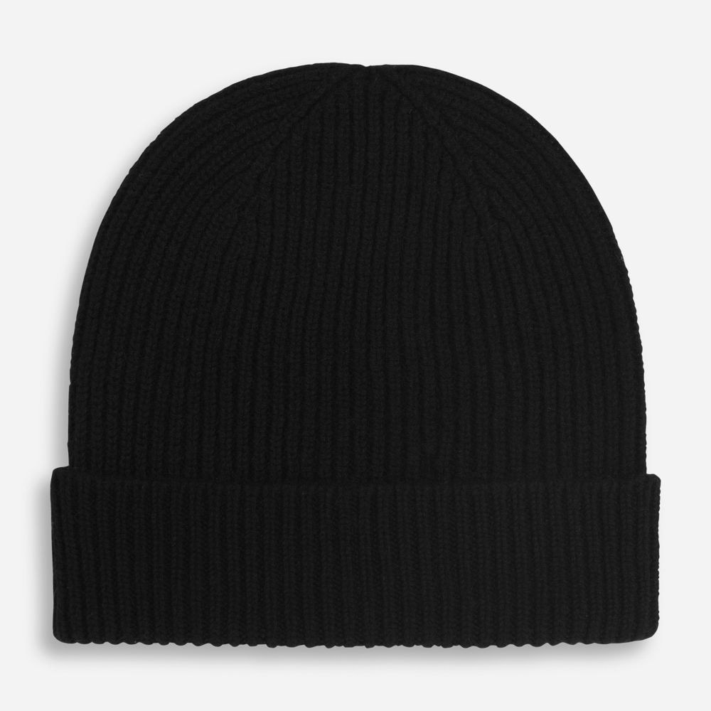 Rib Knit Cashmere Beanie Hat - Black