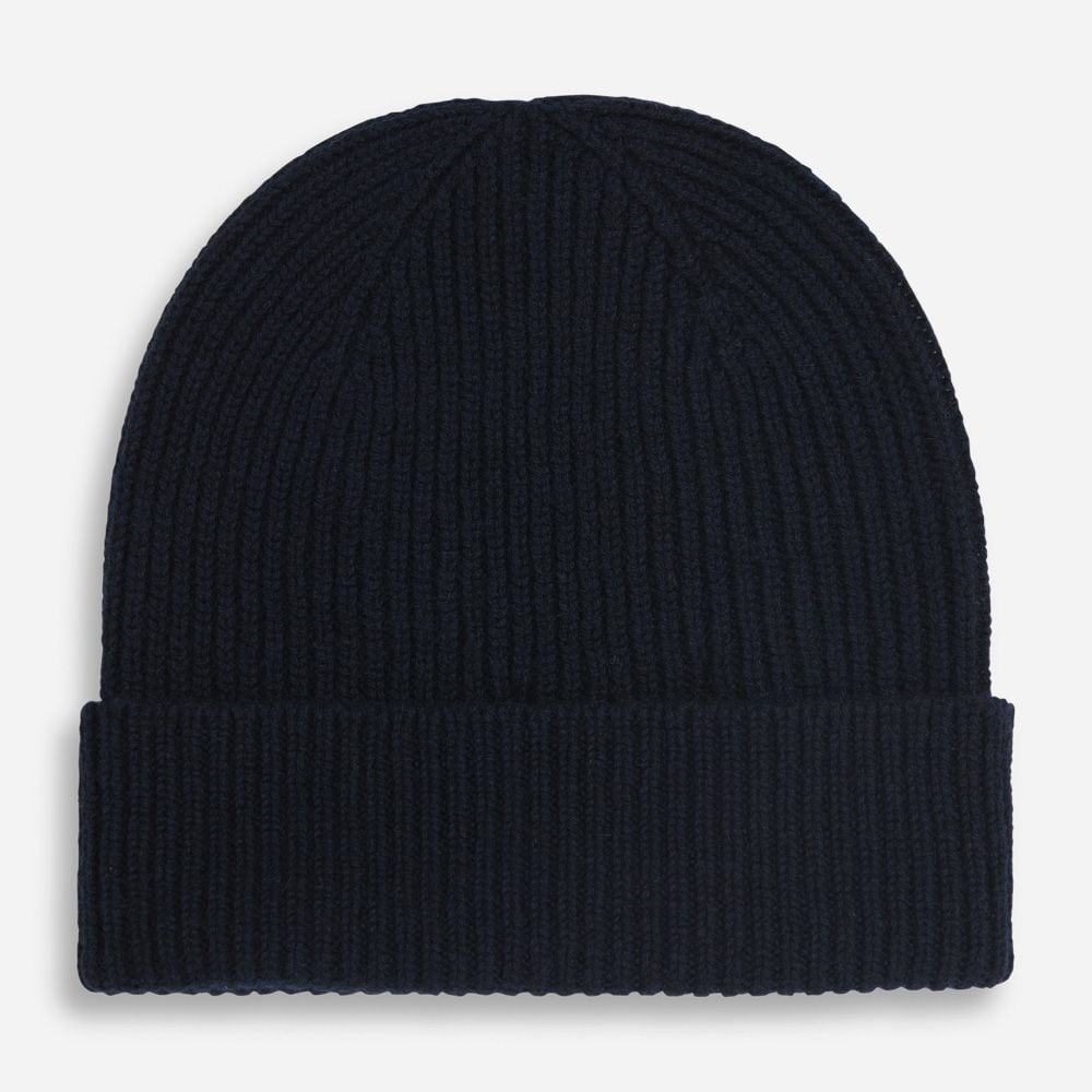 Rib Knit Cashmere Beanie Hat - Navy