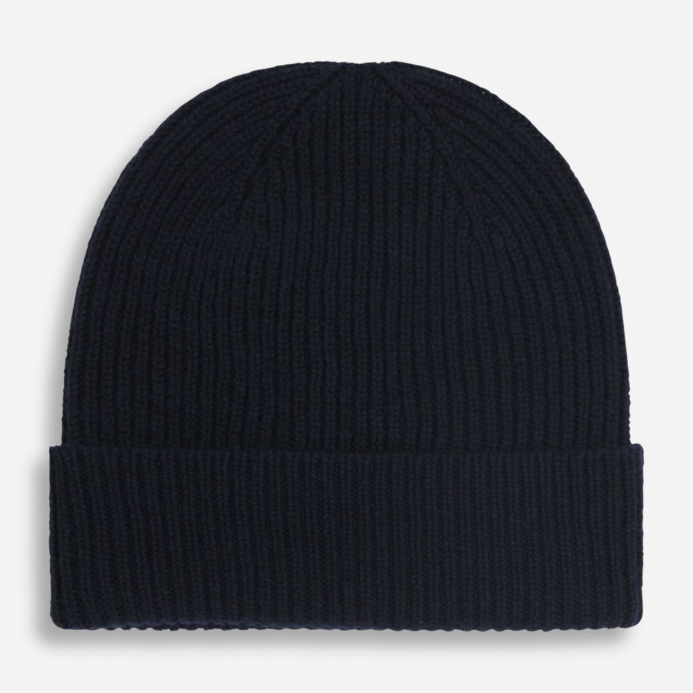 Rib Knit Cashmere Beanie Hat - Navy