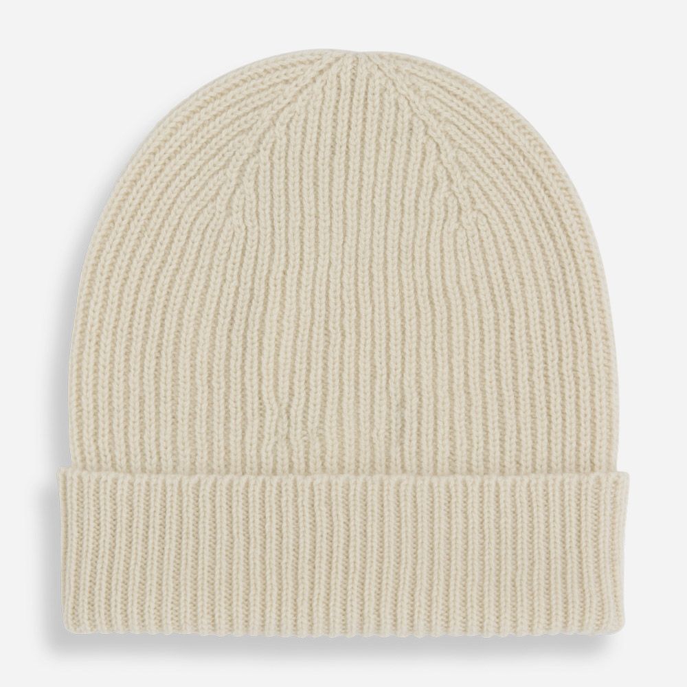 Rib Knit Cashmere Beanie Hat - Undyed White