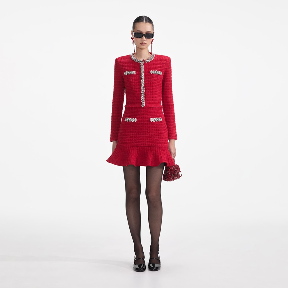 Textured Knit Mini Skirt - Red
