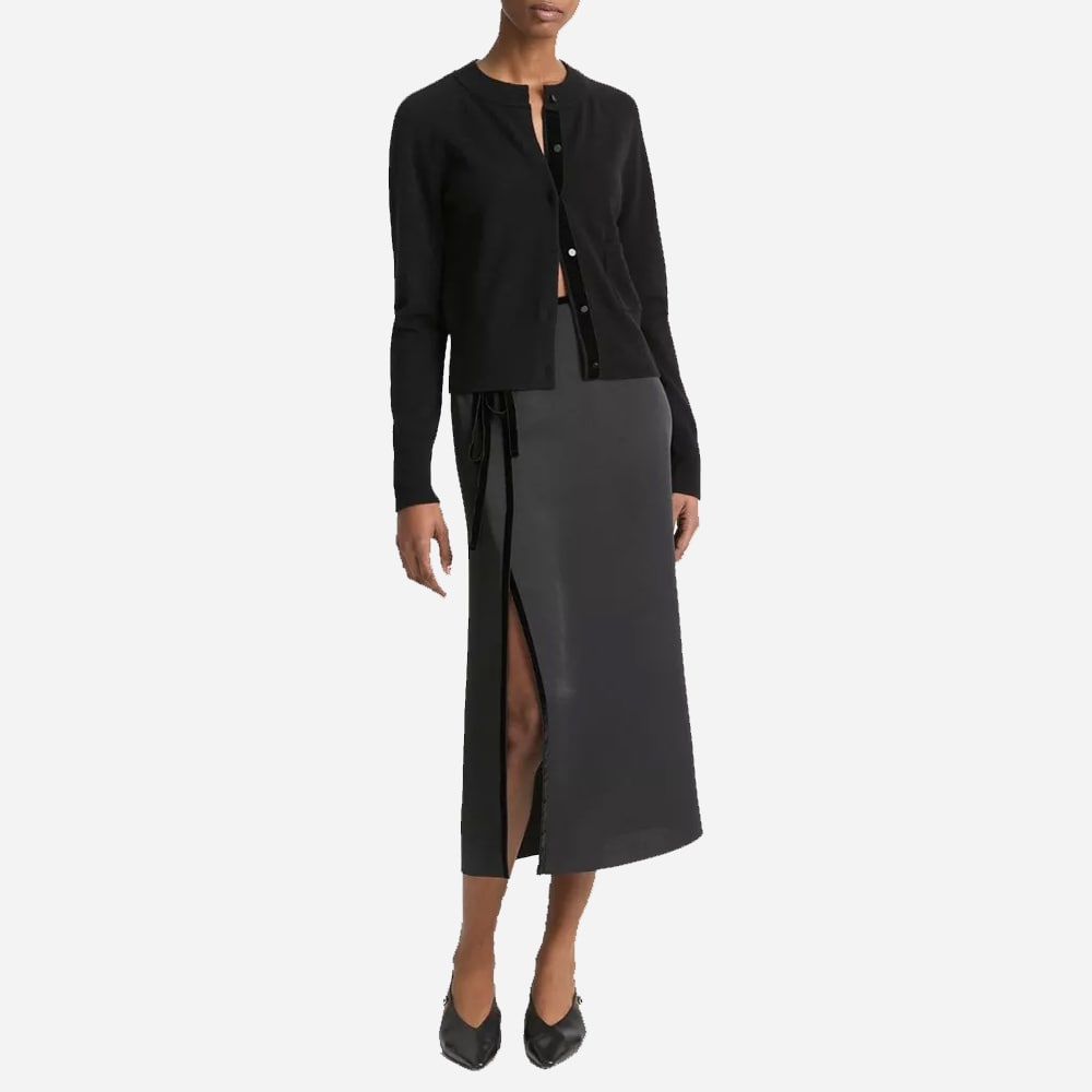 Velvet-Trim Wool-Blend Cardigan - Black