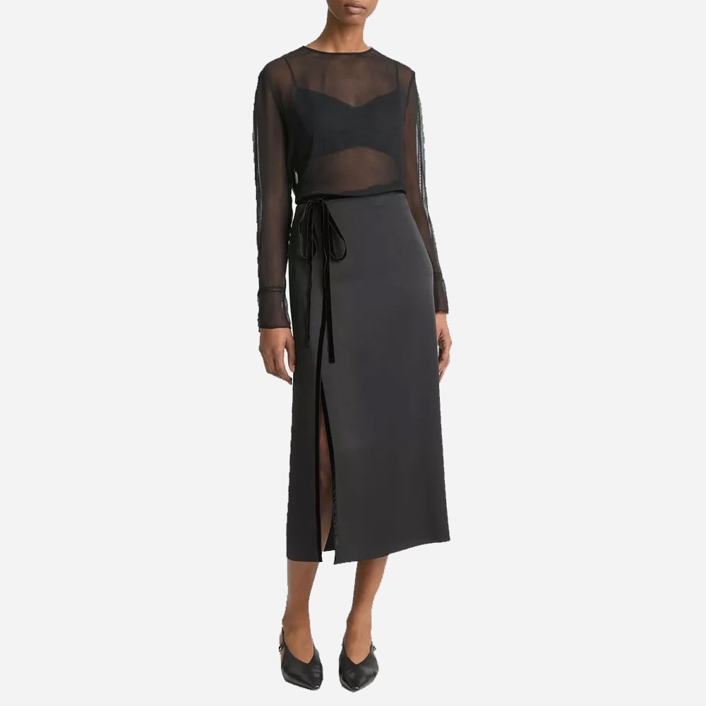 Velvet-Trim Side-Slit Skirt - Black
