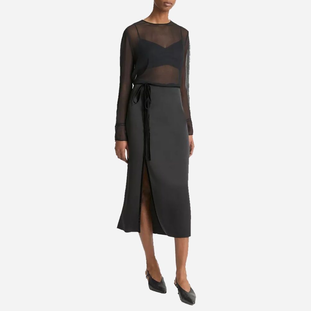 Velvet-Trim Side-Slit Skirt - Black