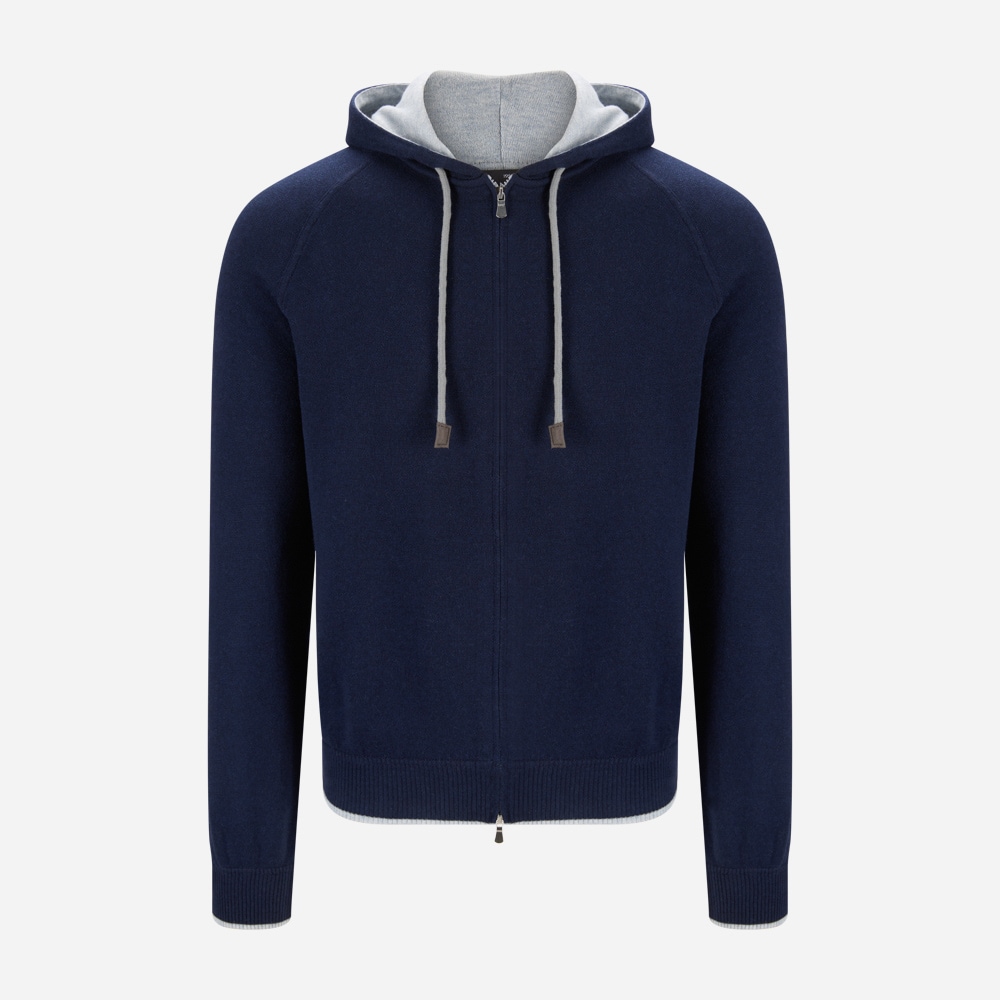 Full Zip Hood Jacket Cotton-Cashmere - Navy