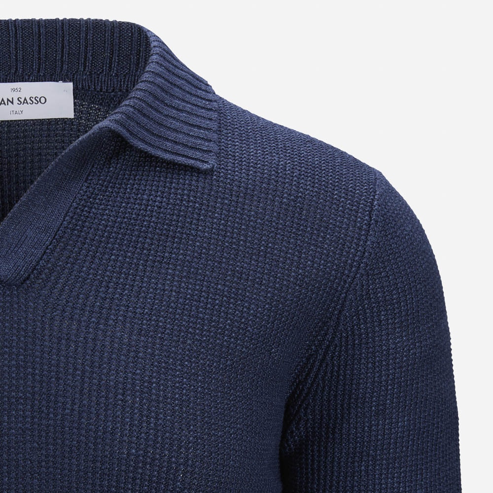 Short Sleeve Piquet Cotton-Linen - Navy