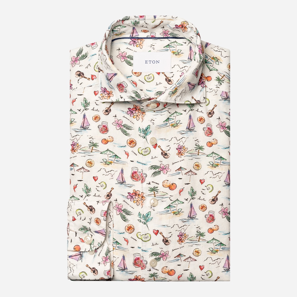Contemporary Sangria Linen Shirt - White Printed