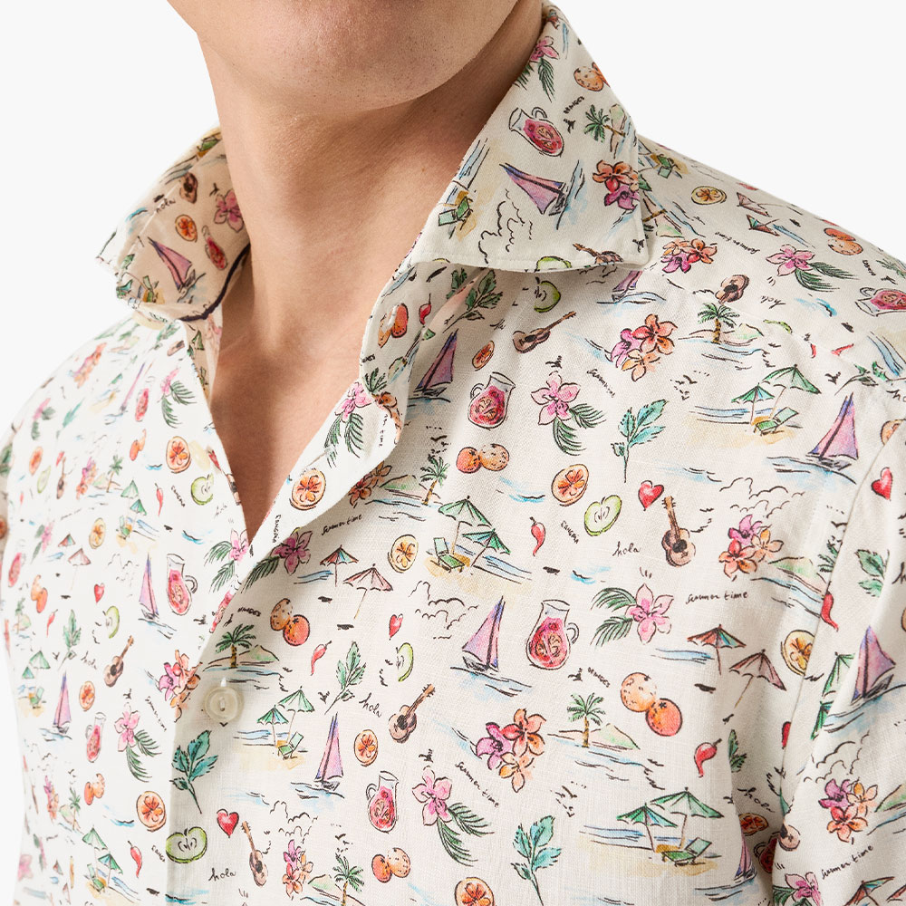 Contemporary Sangria Linen Shirt - White Printed
