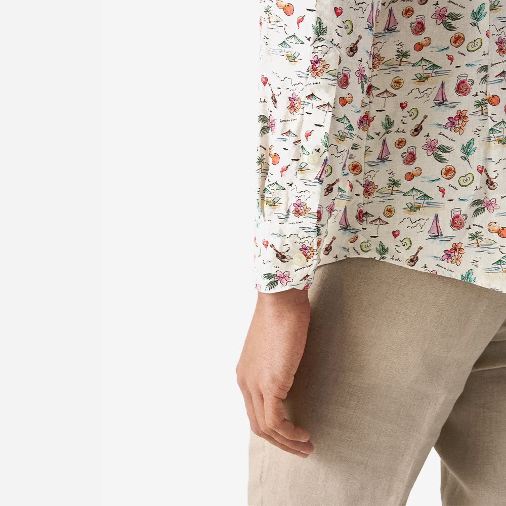 Contemporary Sangria Linen Shirt - White Printed