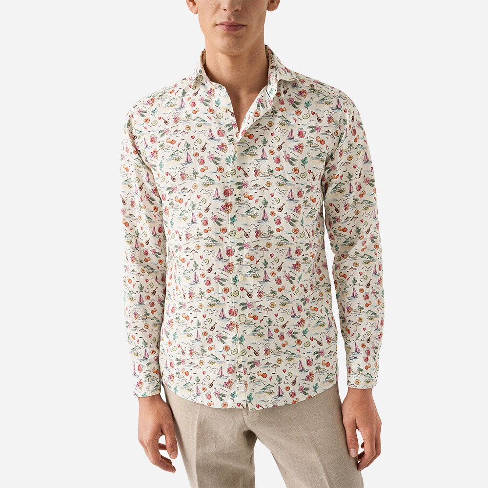 Contemporary Sangria Linen Shirt - White Printed