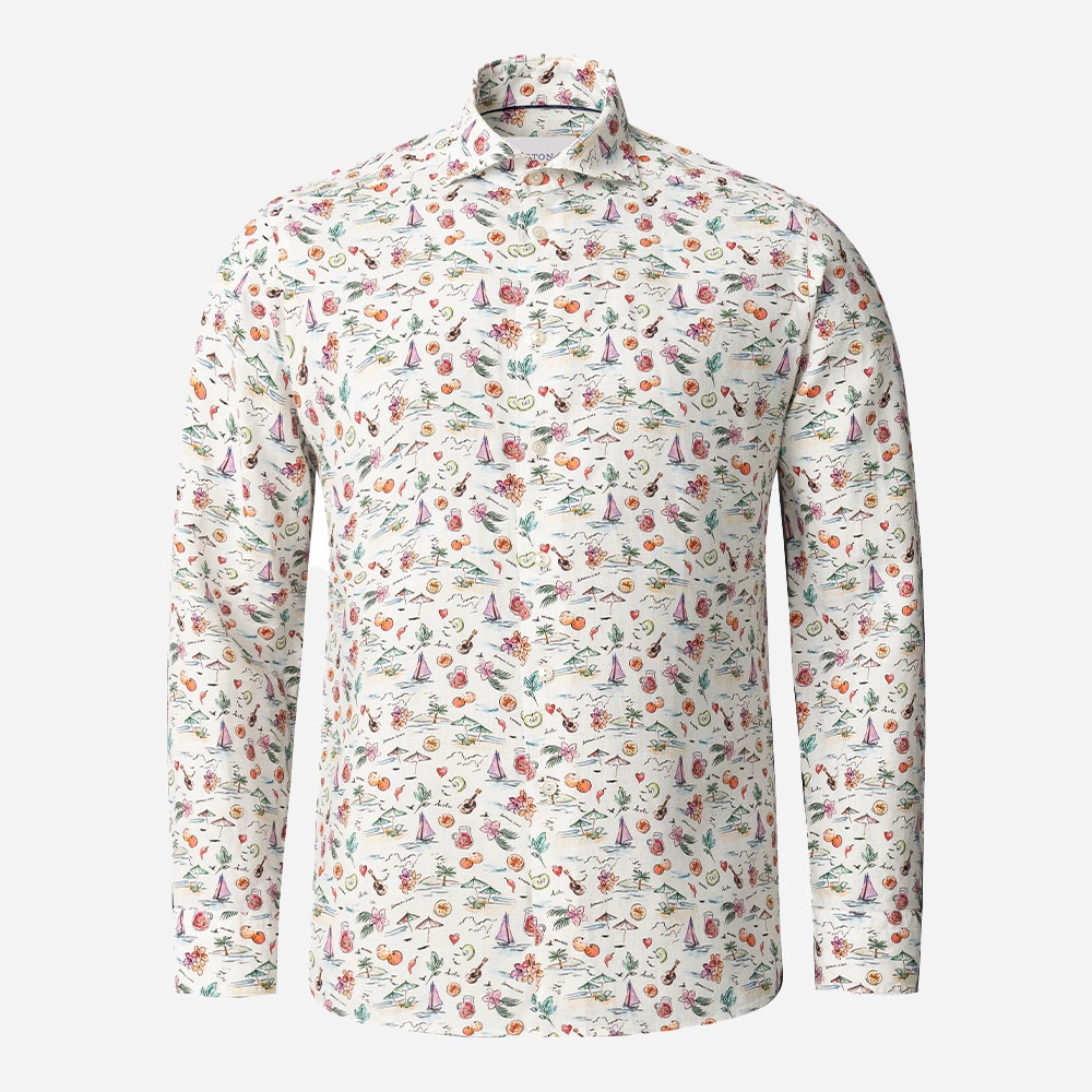 Contemporary Sangria Linen Shirt - White Printed