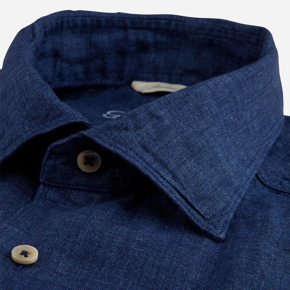 Fitted Body Linen Shirt - Dark Blue