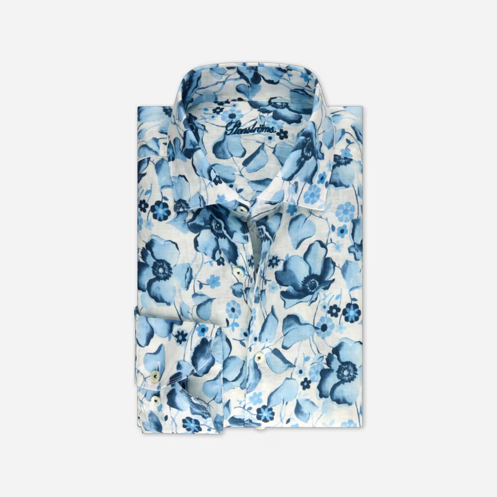 Fitted Body Linen Shirt - Blue Flower