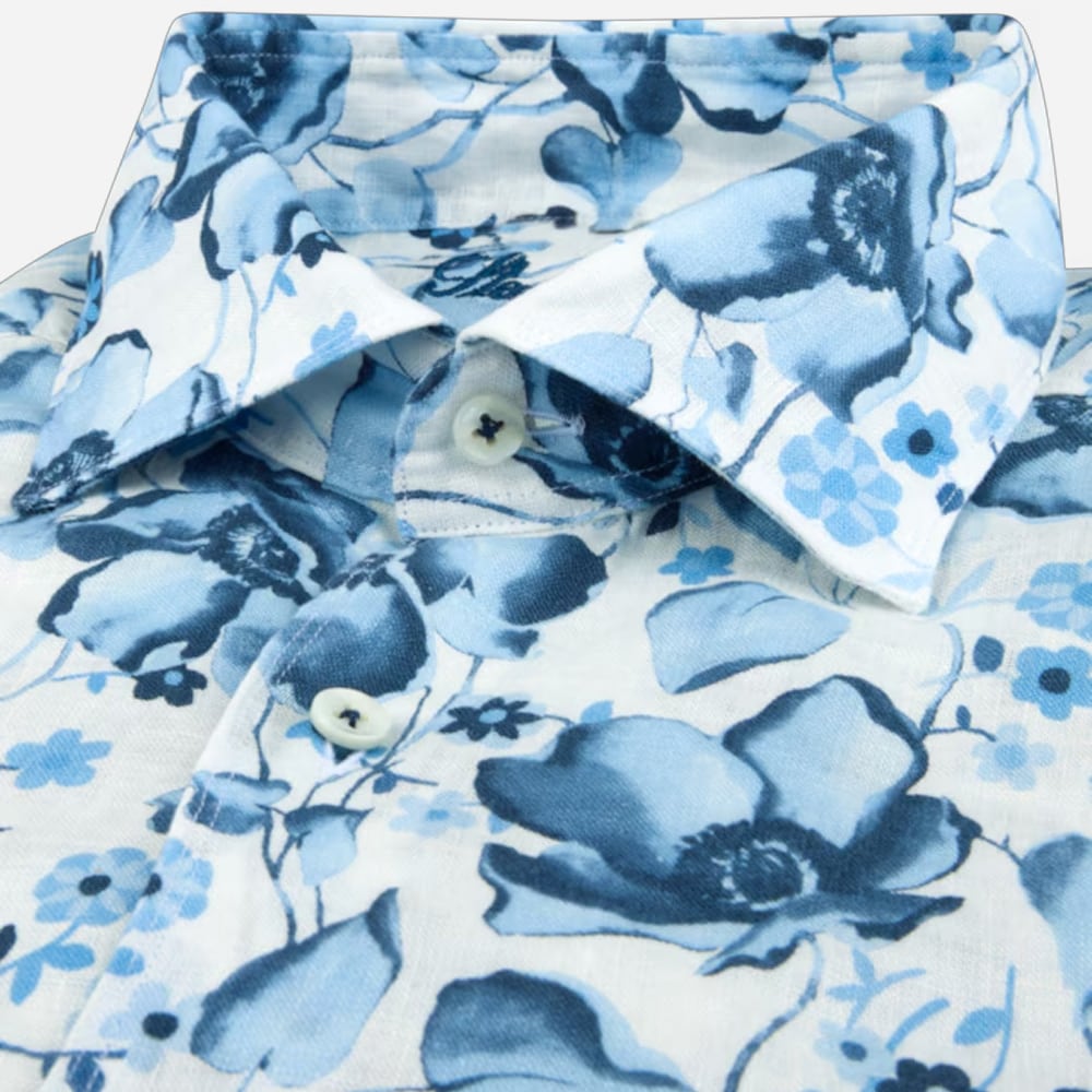 Fitted Body Linen Shirt - Blue Flower