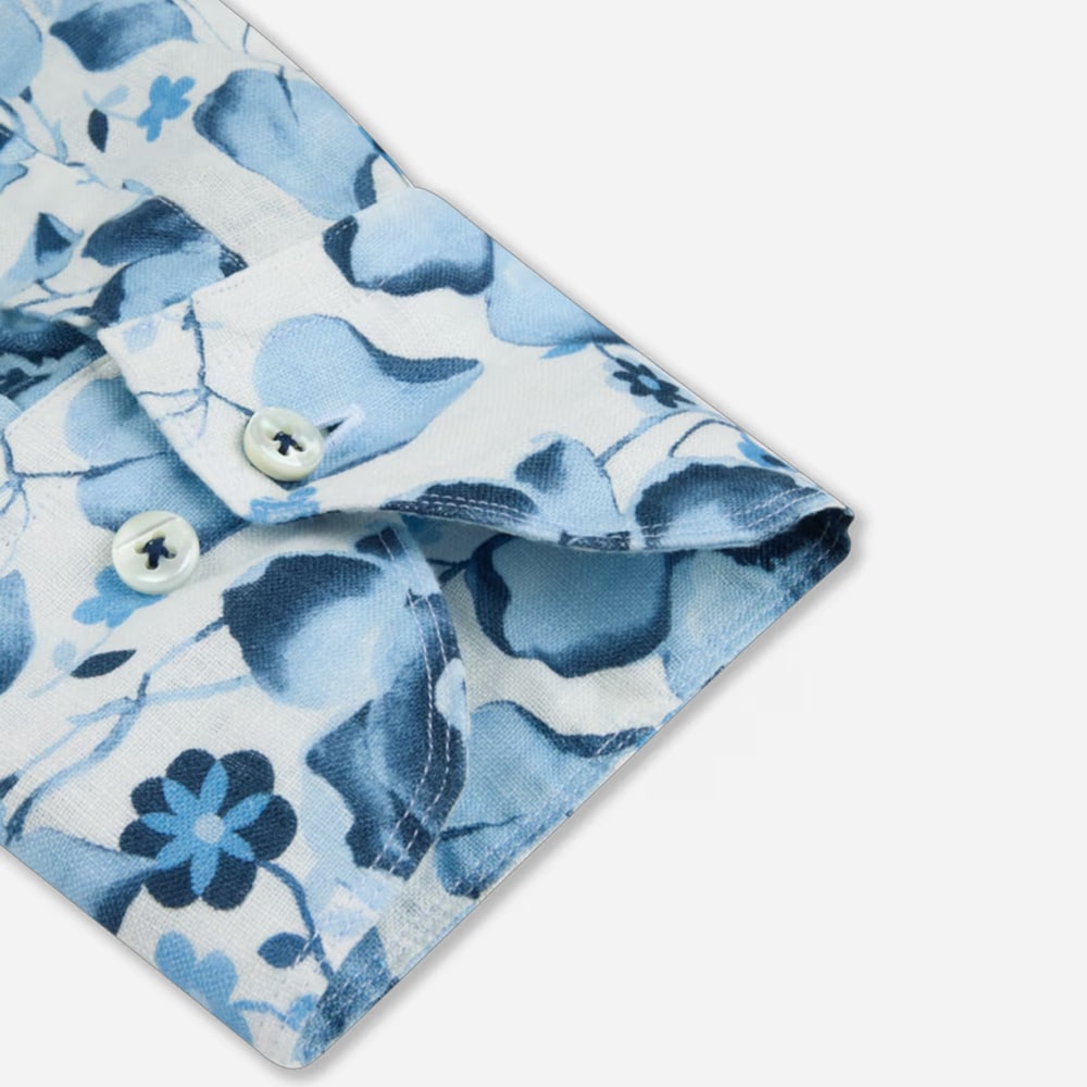 Fitted Body Linen Shirt - Blue Flower