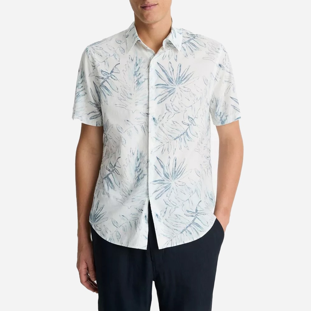 Venice Palms Cotton-Blend Short-Sleeve Shirt - Sea Marble