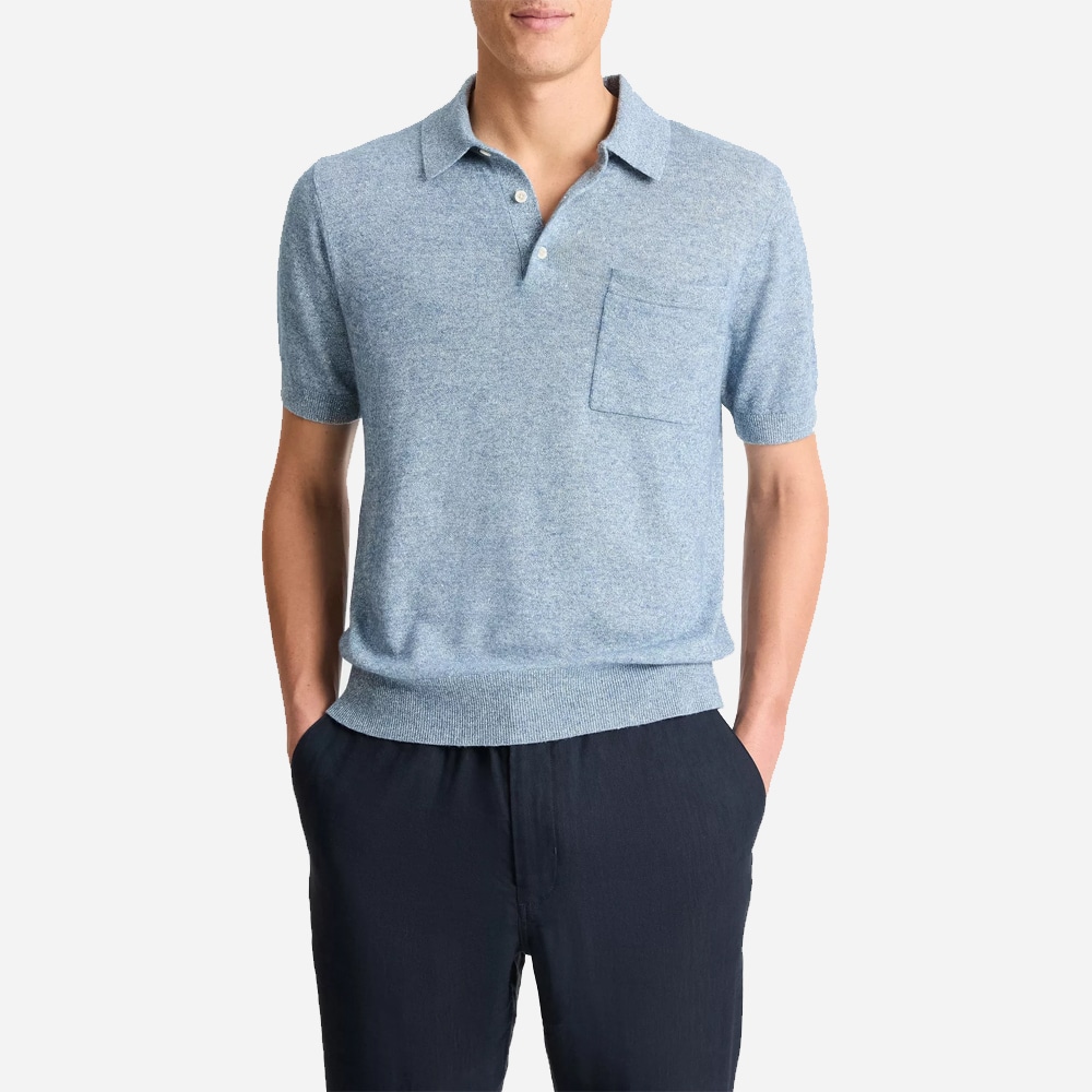 Linen & Wool-Blend Polo Sweater - Heather Cabo Blue