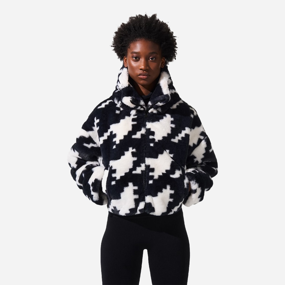 Noelle Faux Fur Jacket - Houndstooth-Black-Snow White