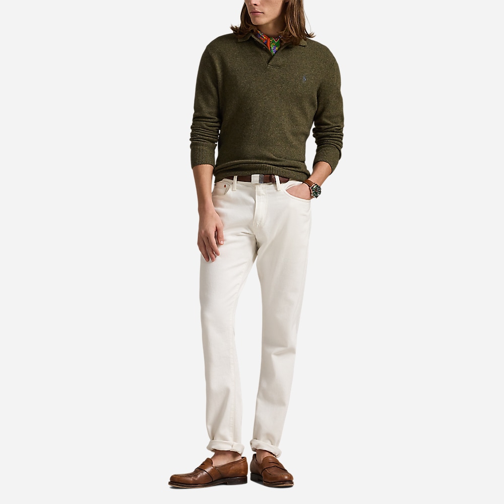 Wool-Cotton Polo-Collar Sweater - Cargo Olive Heather
