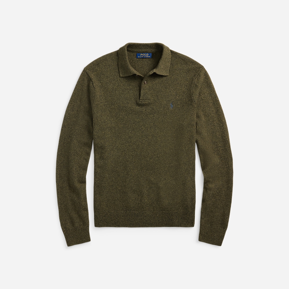 Wool-Cotton Polo-Collar Sweater - Cargo Olive Heather