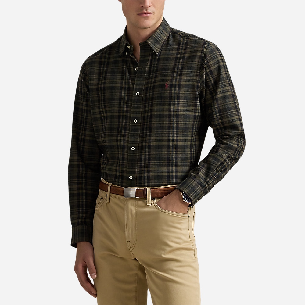Custom Fit Plaid Brushed Oxford Shirt - Olive Khaki Multi