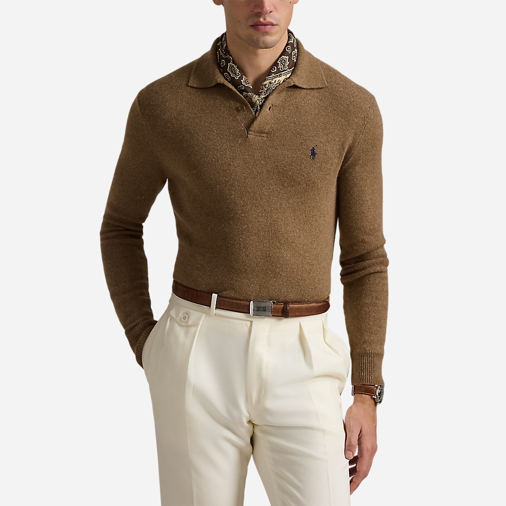 Wool-Cotton Polo-Collar Sweater - Copper Melange