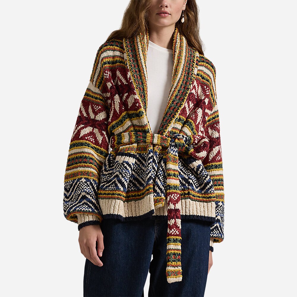 Multi-Pattern Shawl Cardigan - Tan/Blue Multi