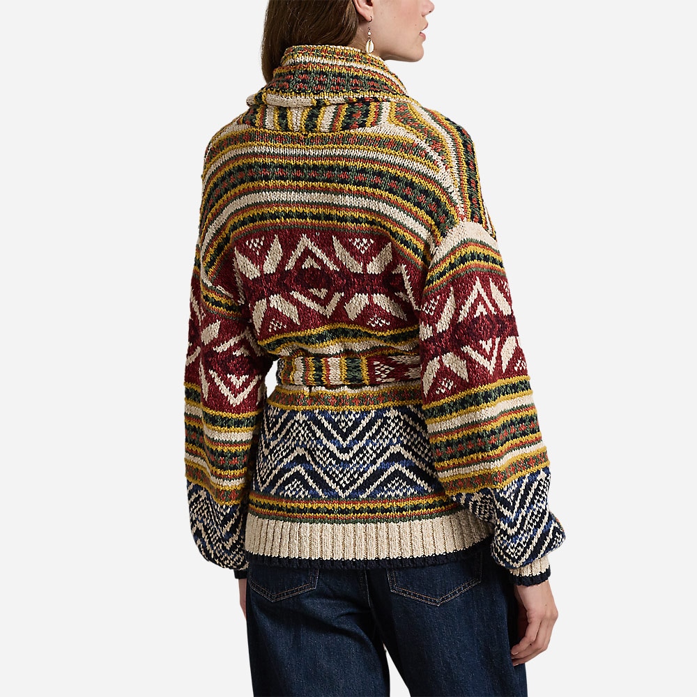 Multi-Pattern Shawl Cardigan - Tan/Blue Multi
