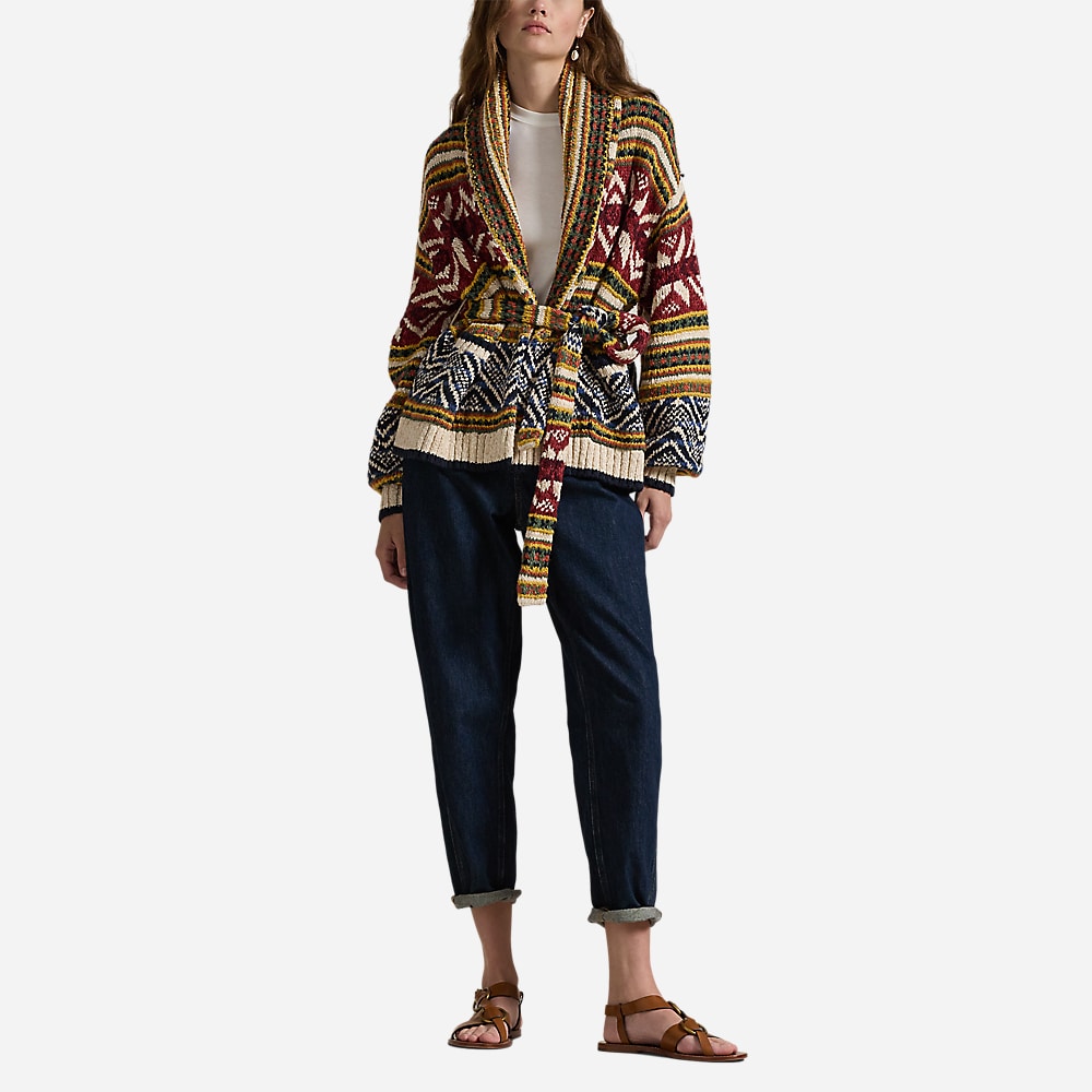 Multi-Pattern Shawl Cardigan - Tan/Blue Multi