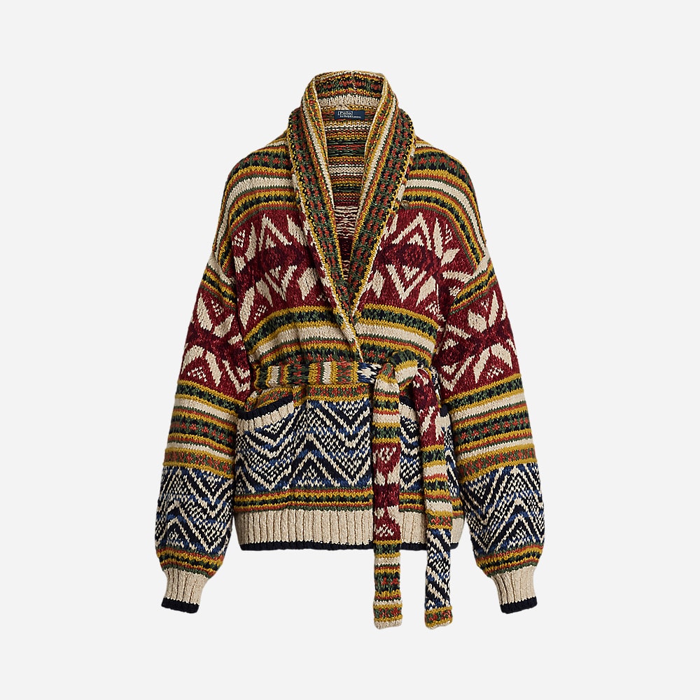 Multi-Pattern Shawl Cardigan - Tan/Blue Multi