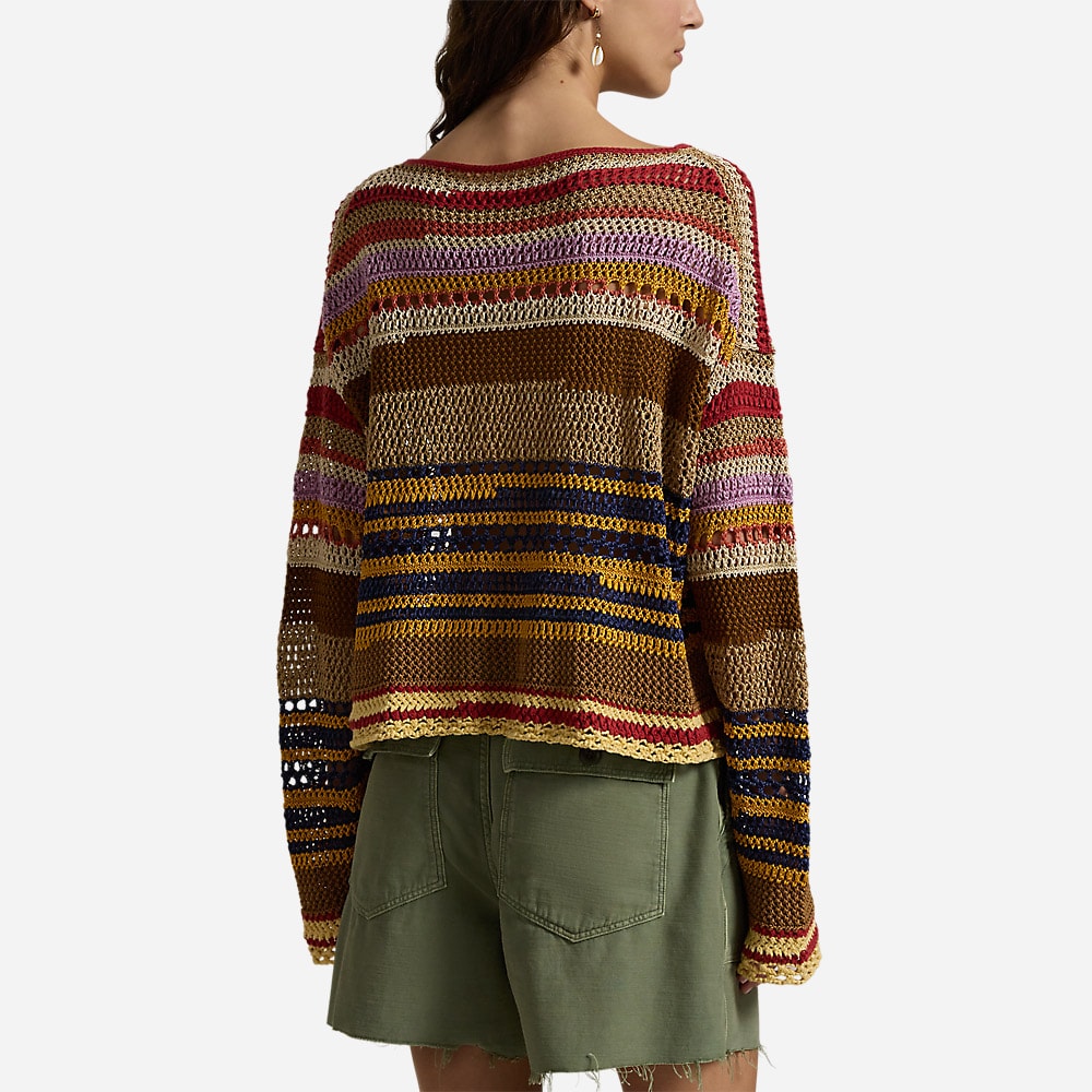 Striped Linen-Cotton Crocheted Sweater - Tan Multi