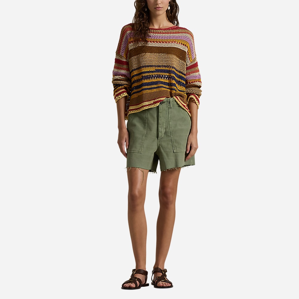 Striped Linen-Cotton Crocheted Sweater - Tan Multi