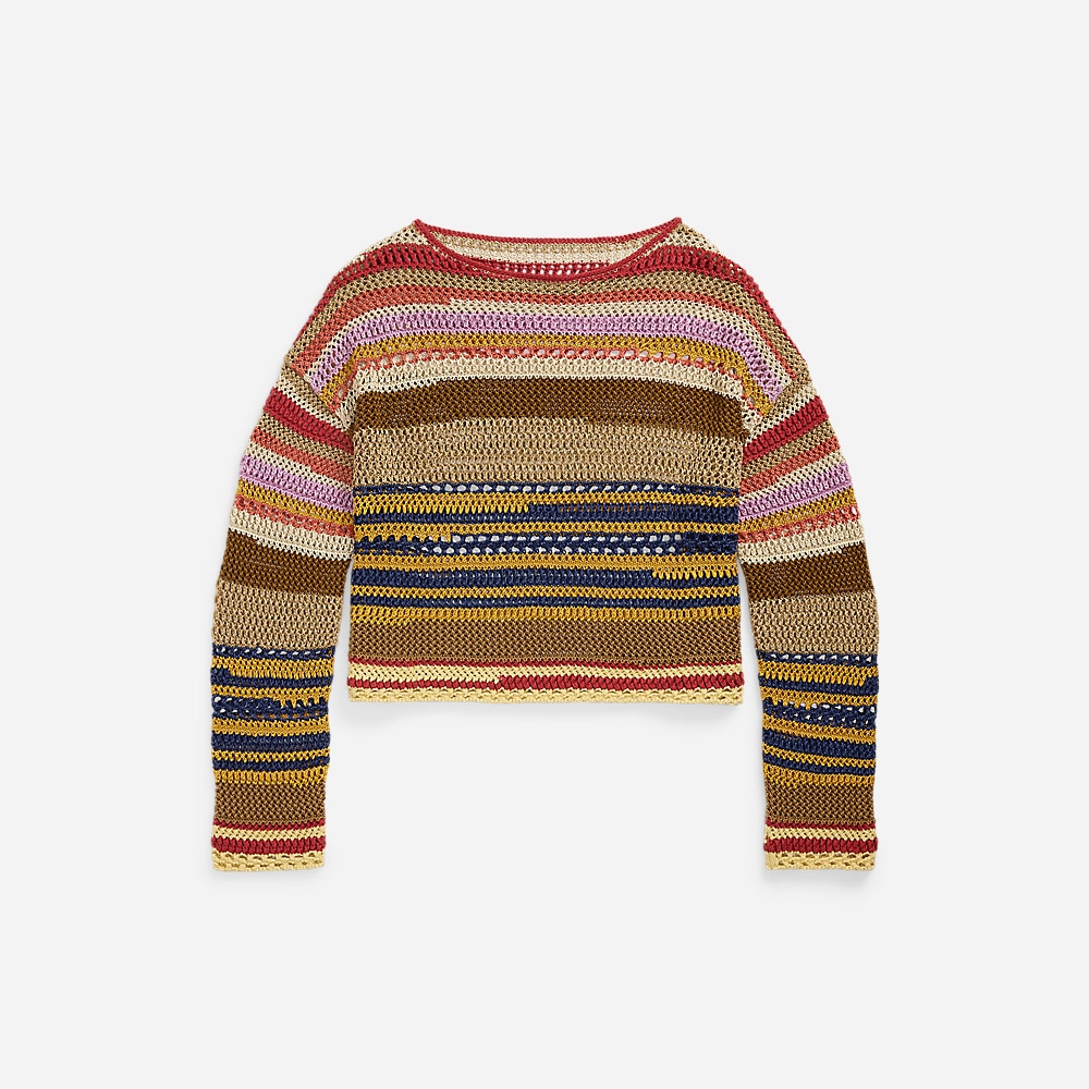Striped Linen-Cotton Crocheted Sweater - Tan Multi