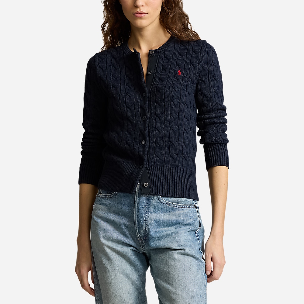 Cable-Knit Cotton Crewneck Cardigan - Hunter Navy