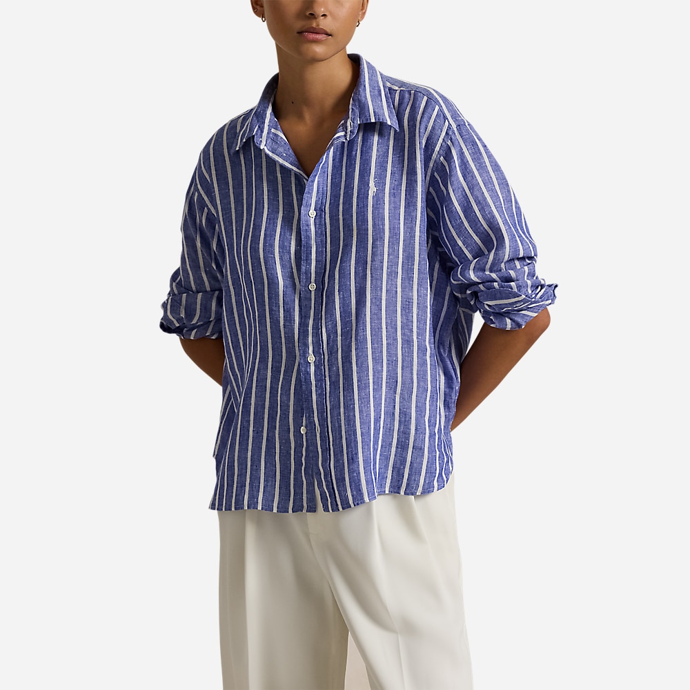 Wide Cropped Gingham Linen Shirt - Blue-White