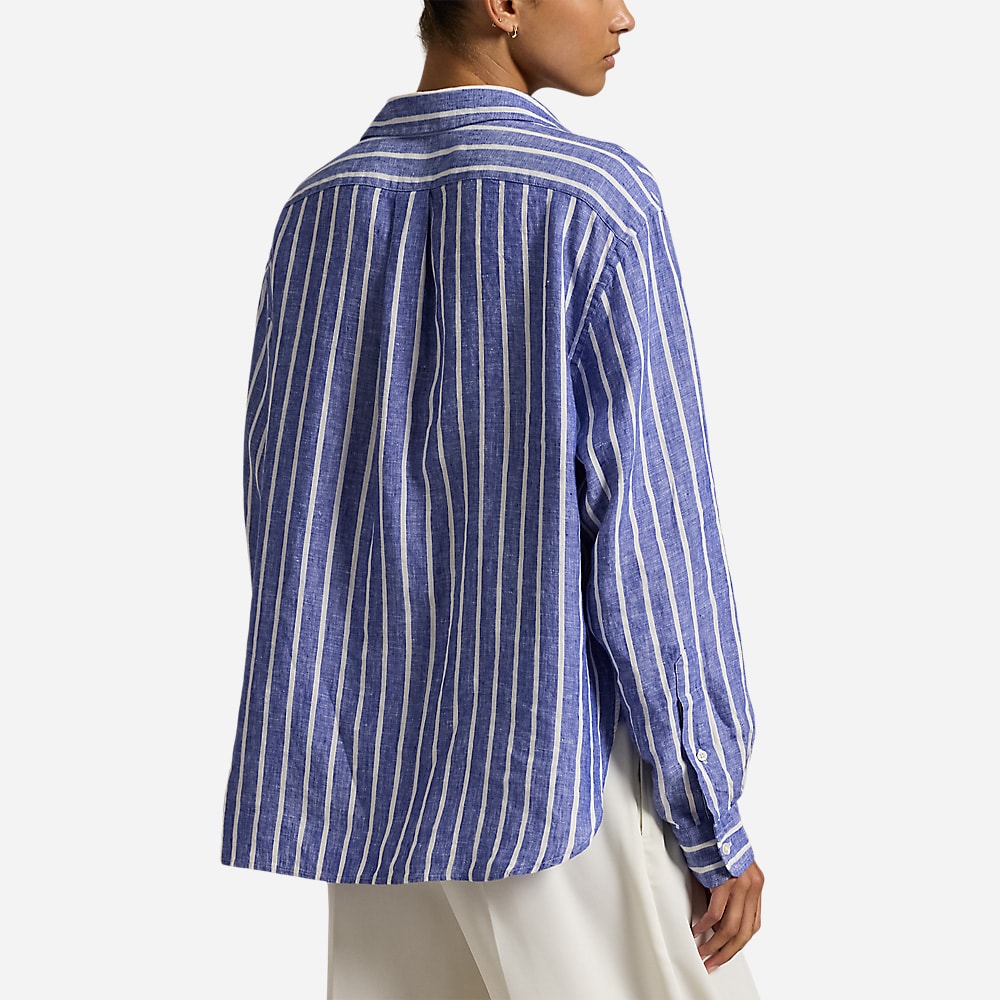Wide Cropped Gingham Linen Shirt - Blue-White
