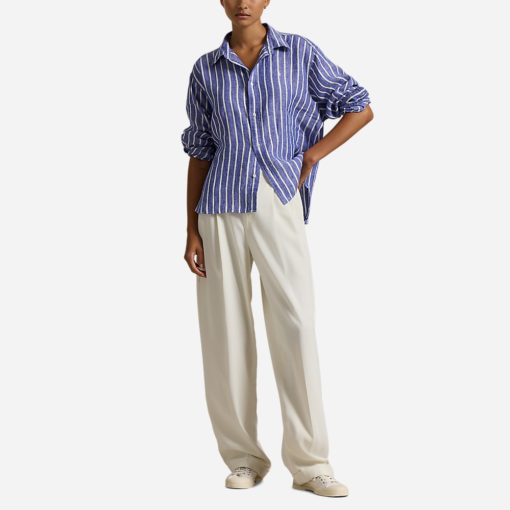 Wide Cropped Gingham Linen Shirt - Blue-White