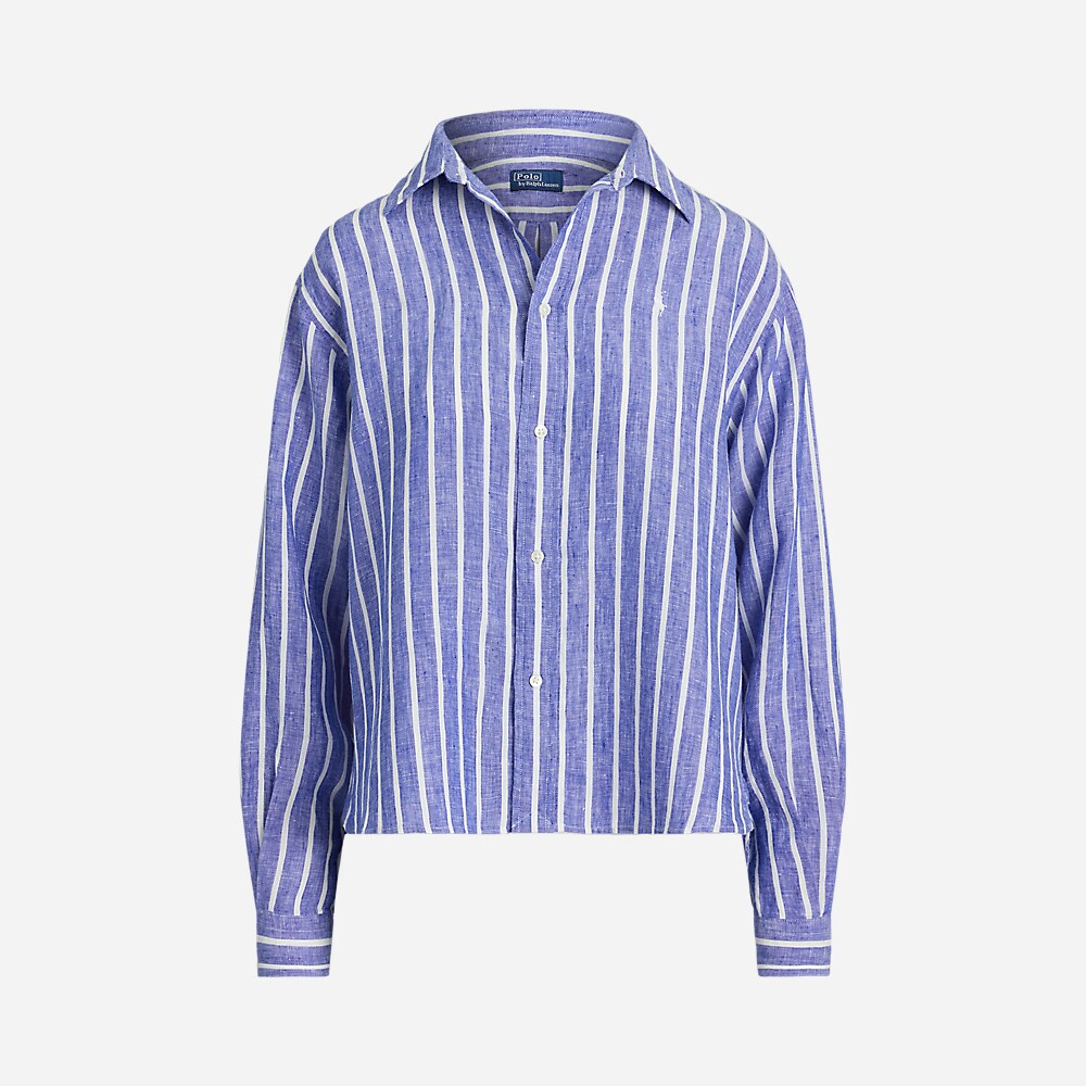 Wide Cropped Gingham Linen Shirt - Blue-White