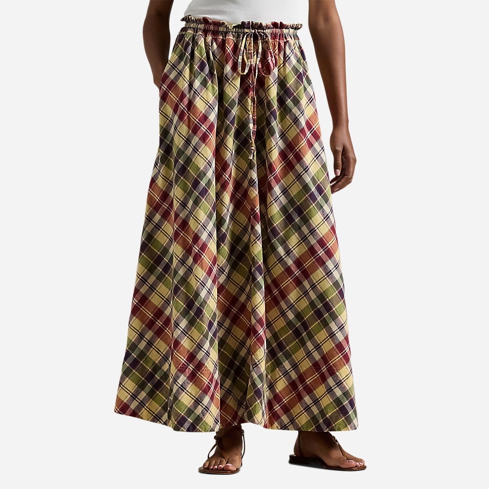 Plaid Cotton Drawstring Maxiskirt - Red/Yellow/Green Multi