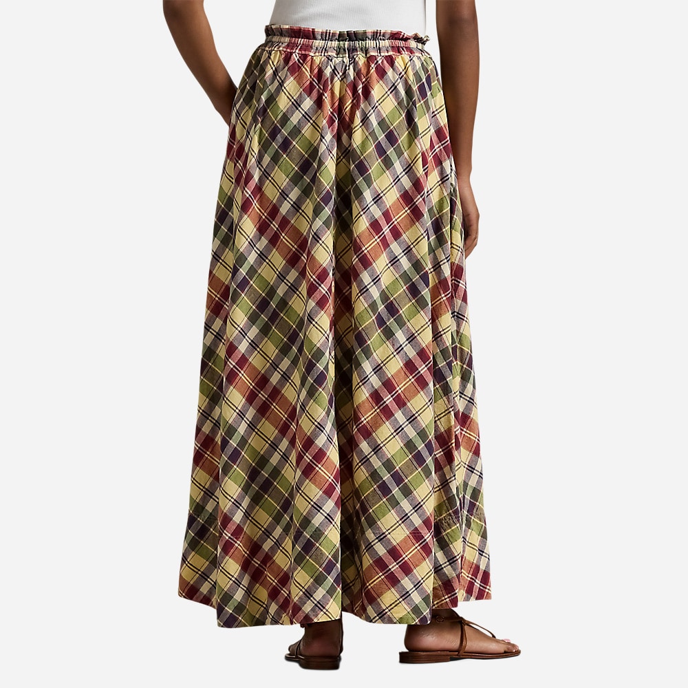 Plaid Cotton Drawstring Maxiskirt - Red/Yellow/Green Multi