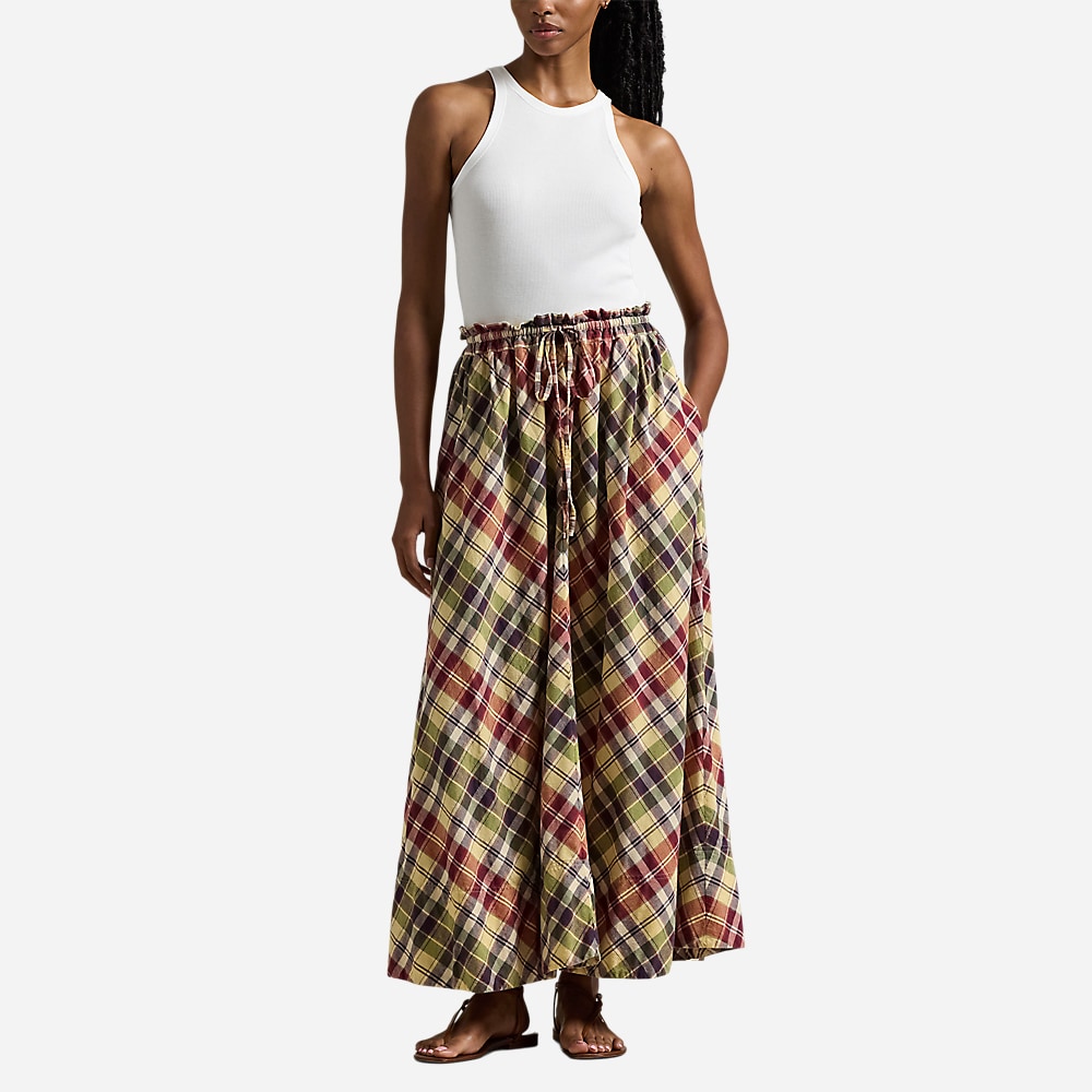 Plaid Cotton Drawstring Maxiskirt - Red/Yellow/Green Multi