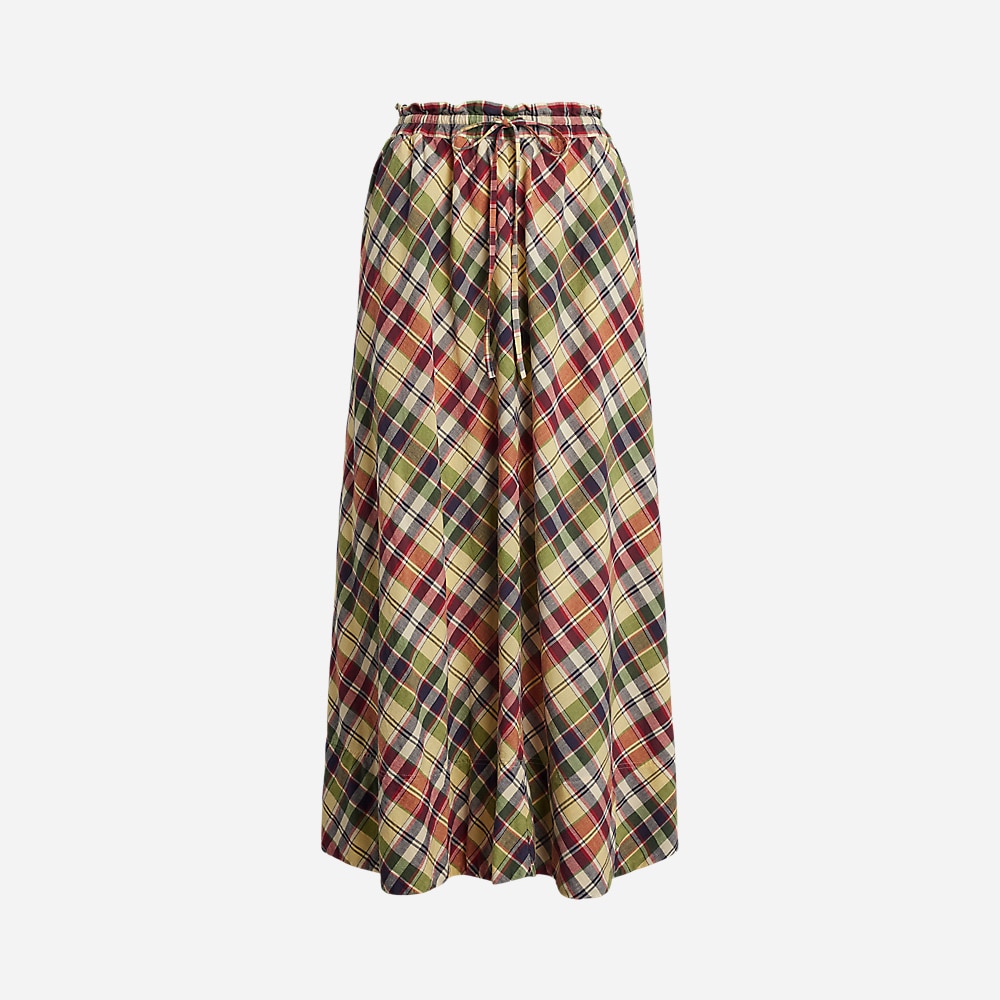 Plaid Cotton Drawstring Maxiskirt - Red/Yellow/Green Multi