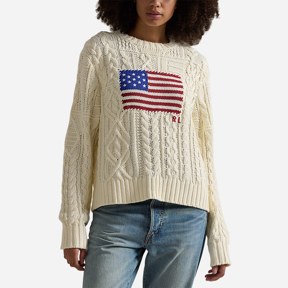 Aran-Knit Flag Cotton Sweater - Cream