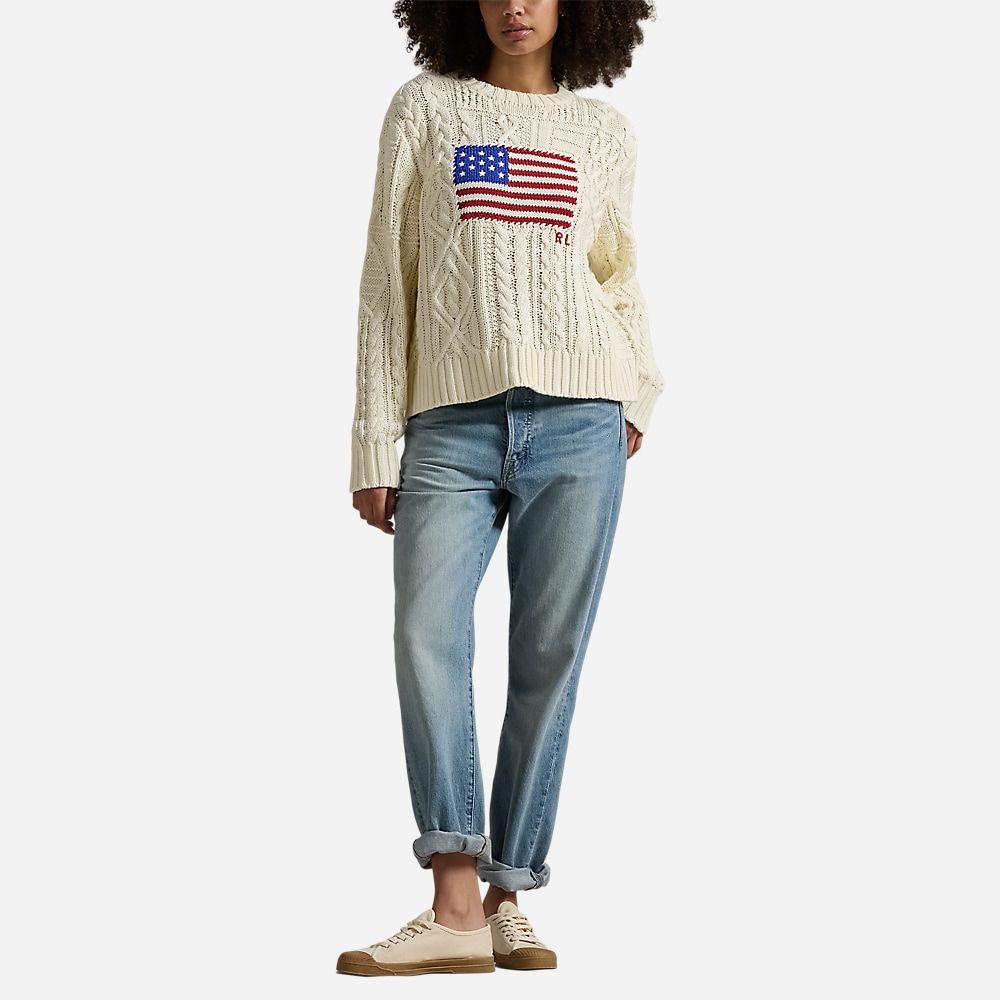 Aran-Knit Flag Cotton Sweater - Cream