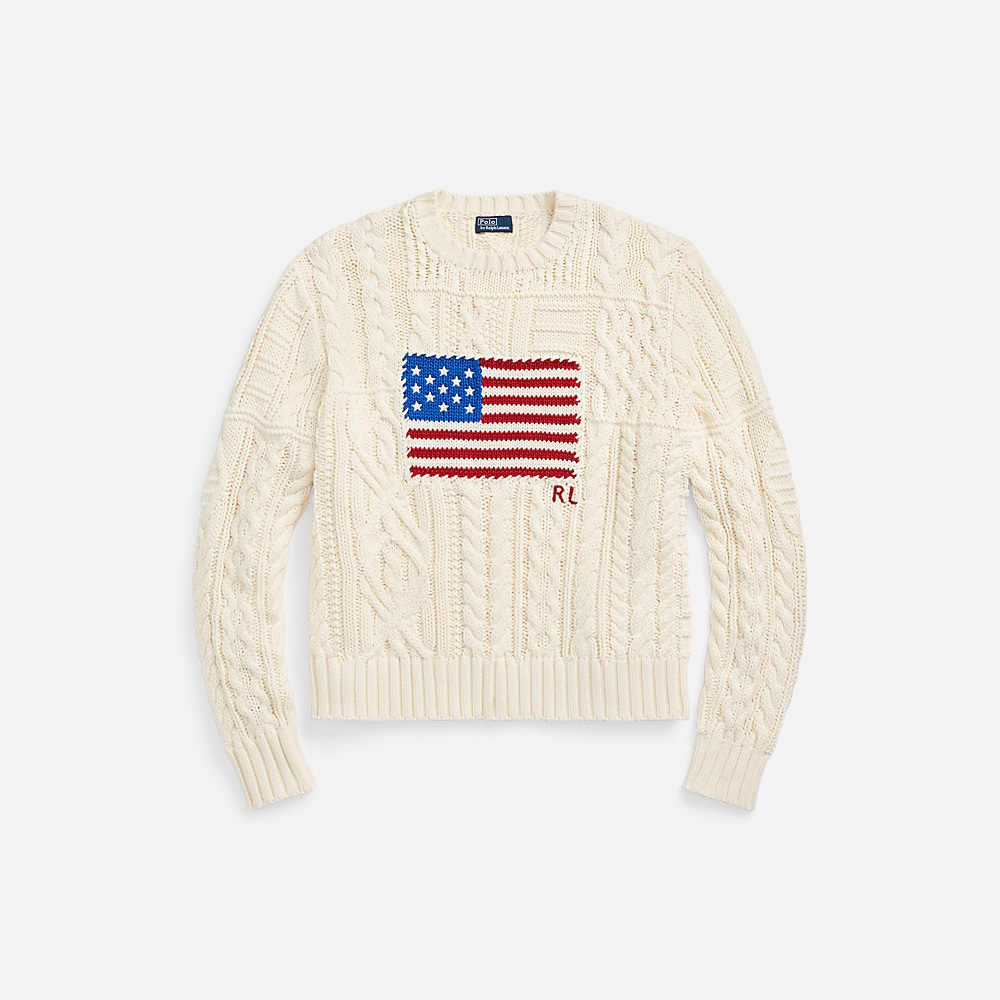Aran-Knit Flag Cotton Sweater - Cream