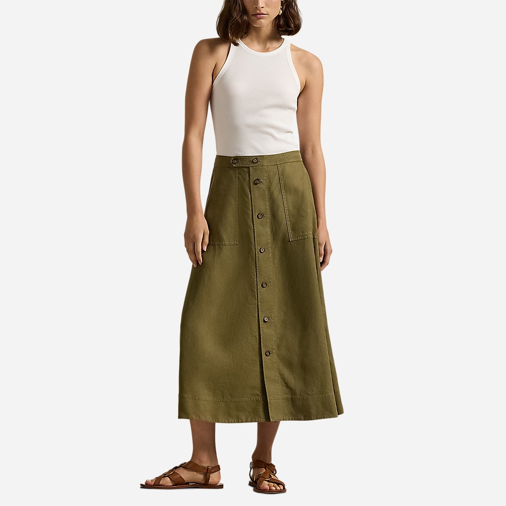 Hemp A-Line Midi Skirt - Basic Olive