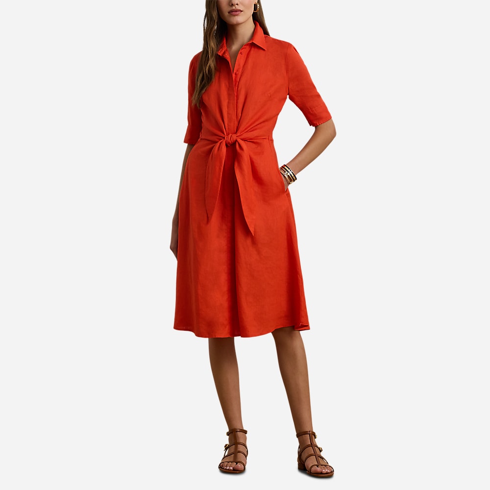 Tie-Front Linen Shirtdress - Orange Lily