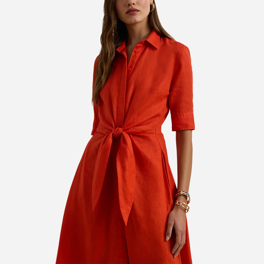Tie-Front Linen Shirtdress - Orange Lily